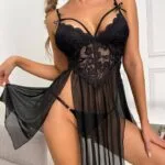 Black Contrast Lace Harness Mesh Silk Babydoll Show On Model 3 11zon