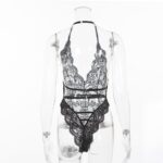 Schwarze, mehrfarbige, transparente, sexy Teddy-Rückseitenansicht mit Blumenspitze