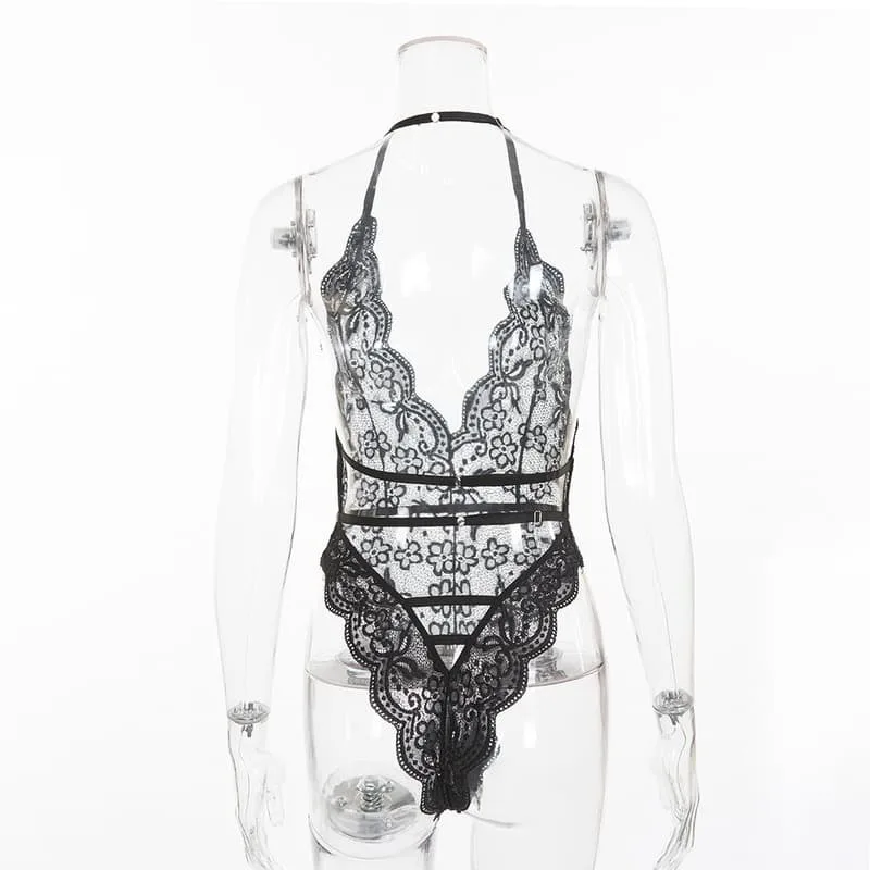 Black Multicolor Lace Floral Sheer Sexy Teddies Back View