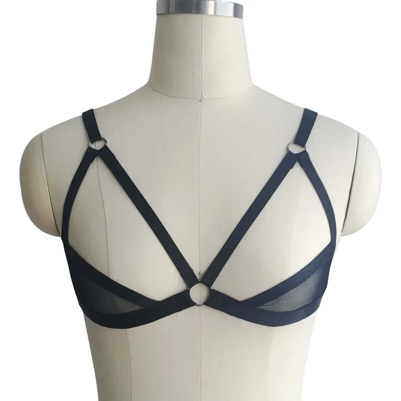 Black Sexy Breast Leaking Mesh Black Harness Bra Front View Vista frontal del sujetador de arnés negro de malla con fugas de senos sexy negro