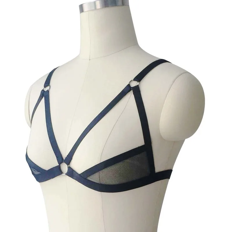 Black Sexy Breast Leaking Mesh Black Harness Bra Left View Sujetador de arnés negro de malla con fugas de senos sexy negro Vista izquierda