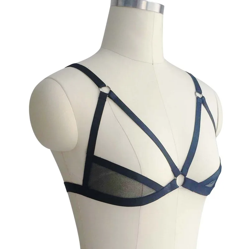 Black Sexy Breast Leaking Mesh Black Harness Bra Right View Sujetador de arnés negro de malla con fugas de senos sexy negro Vista derecha