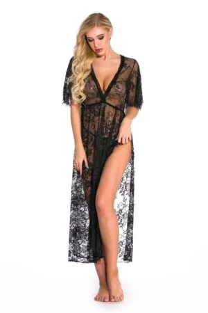 Pijama preto transparente com fenda lateral longa camisa vista frontal