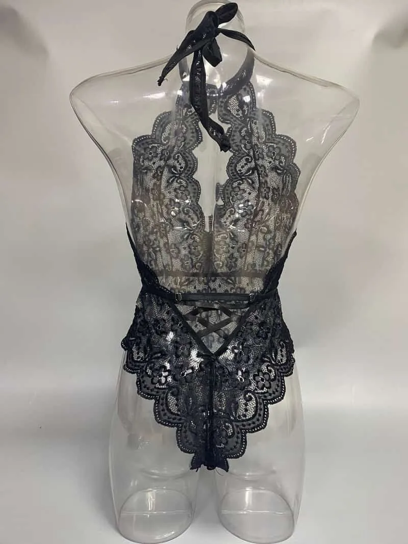 Black Turtleneck Sleeveless Sheer Teddy Suit Back View Traje de peluche transparente sin mangas con cuello alto negro: Vista posterior
