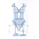Ensemble de lingerie Teddy en dentelle sexy bleu mignon