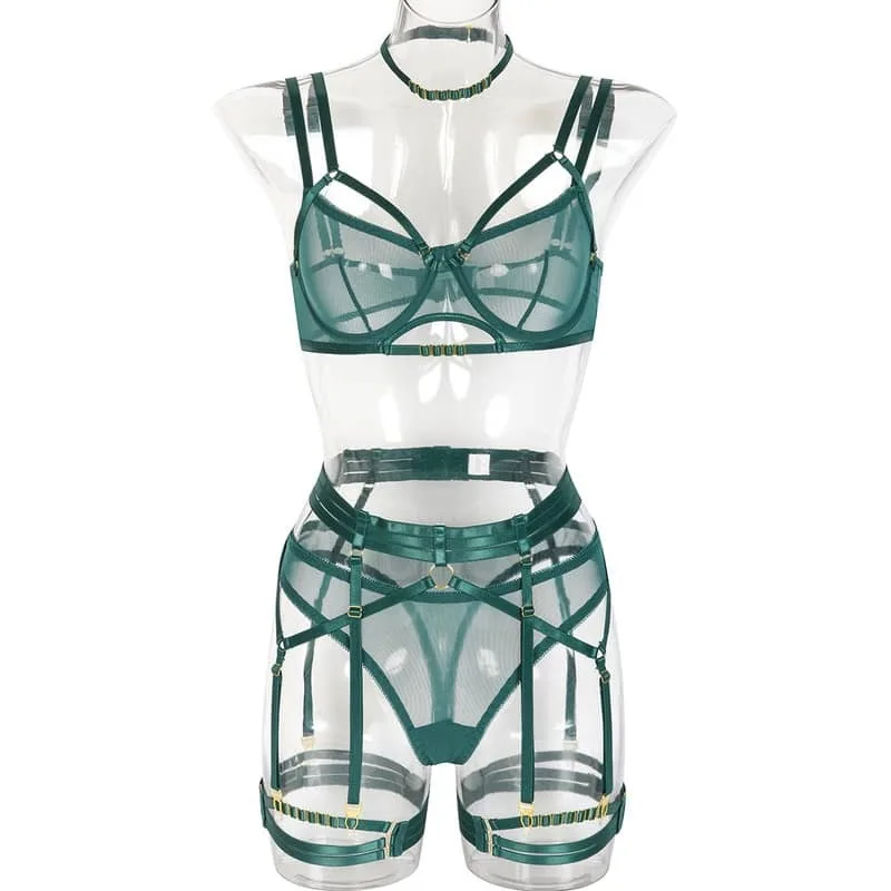 Conjunto de bragas y sujetador de 6 piezas con doble correa para el hombro verde esmeralda