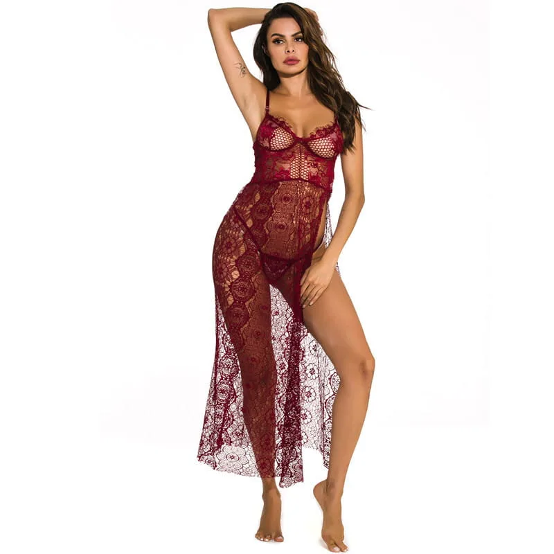 FireBrick Profundo Escote en V Abertura Lateral Sexy Camisola Larga Show Frontal