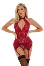 FireBrick Halter Halter Garter Renda Gartered Corset Front Show