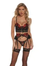 FireBrick Mesh Blomma Broderi Strumpeband Bustier BH Set Display