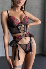 FireBrick Mesh Flower Embroidery Garter Bustier Bra Set Front Show FireBrick Mesh Flower Embroidery Garter Bustier Bra Set Front Show