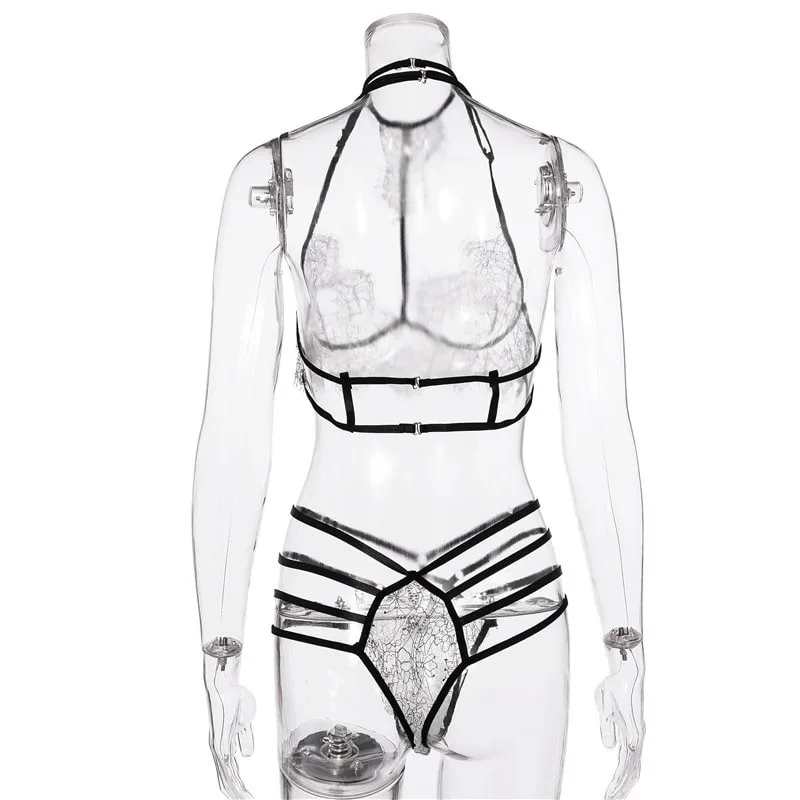 Halter Lace Bra Sexy Lingerie Set Black View