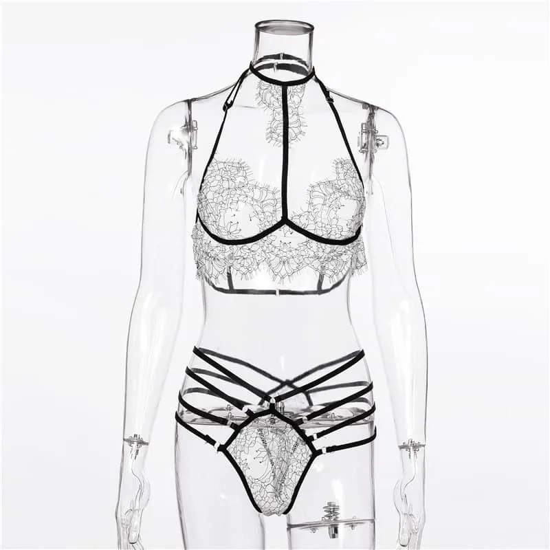 Halter Lace Bra Sexy Lingerie Set edestä katsottuna
