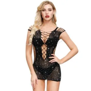 Hollow Out Hip Wrap Fishnet tekojalokivi mekko edessä SHow