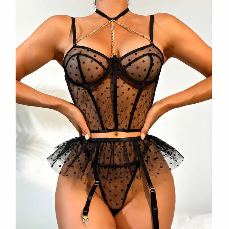 Lace Polka Dot Ruffle Bustier Bra Set Front Show On Model Spets Polka Dot volanger Bustier BH Set Front Show på modell