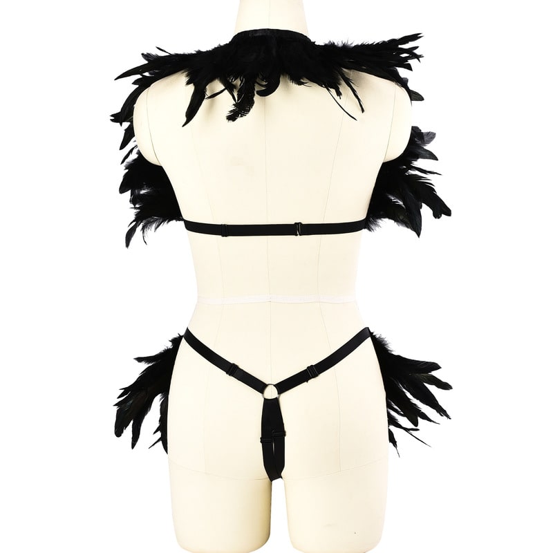 Ladies Feather Wholesale Black Strappy Lingerie Set Back View Dame Fjer Engros Sort Strappy Lingeri Set bagfra