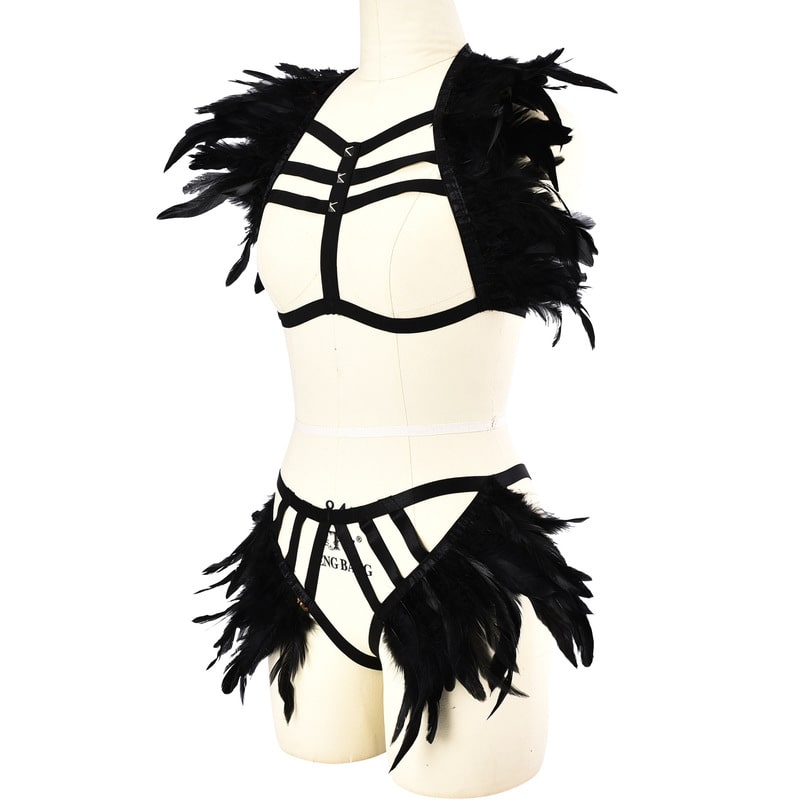 Ladies Feather Wholesale Black Strappy Lingerie Set Left View Dame Feather Engros Sort Strappy Lingeri Sæt Set til venstre
