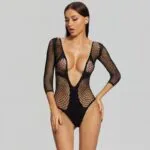 Conjunto de manga comprida em V profundo por atacado sexy rede arrastão frontal Conjunto de manga comprida em V profundo por atacado sexy rede arrastão frontal