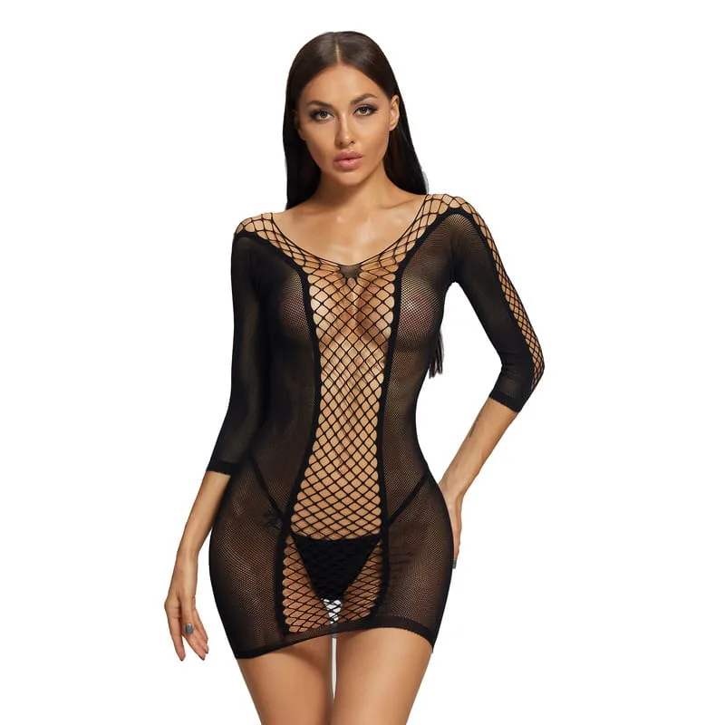 Mesh Perspective Fishnet Dress Long Sleeve Front