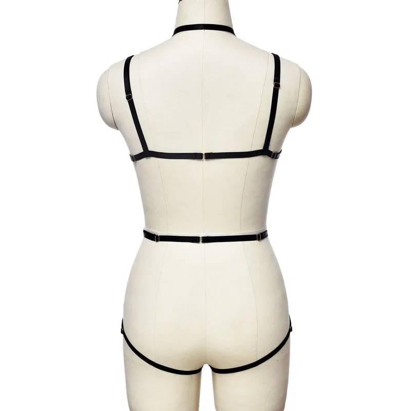Miss Open Back Bare Breast Women Black Harness Bodysuit Back View