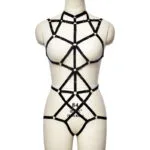Miss Open Back Bare Breast Women Black Harness Bodysuit Front View