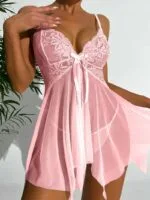 Pink Floral Lace Bow See Through Chemise Front Show Pink Floral Lace Bow See Through Chemise Front Show
