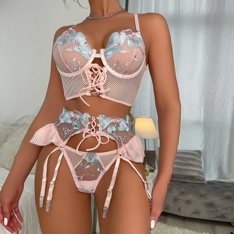 Pink Mesh Flower Embroidery Garter Bustier Bra Set Show Pink Mesh Flower Embroidery Garter Bustier Bra Set Show