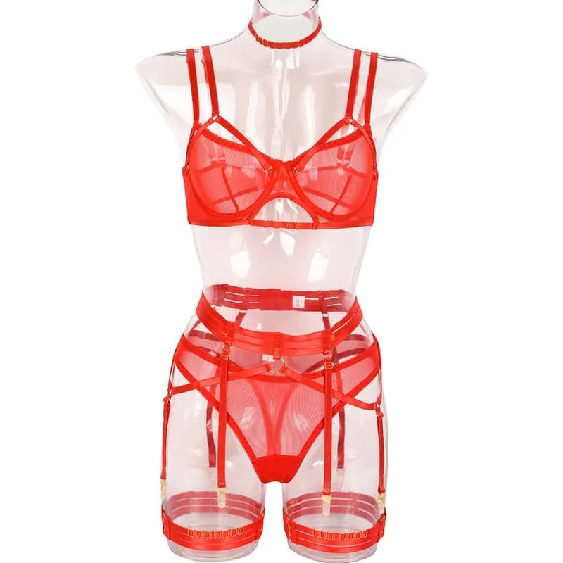 Conjunto de bragas y sujetador de 6 piezas con doble correa roja para el hombro
