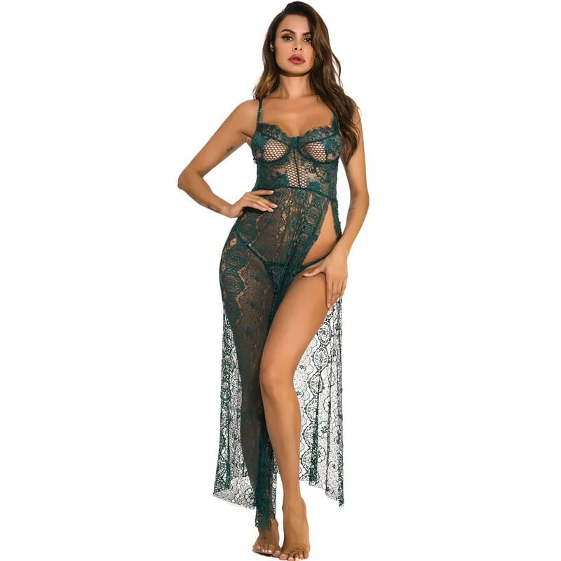 SeaGreen Profundo escote en V Abertura lateral Sexy Long Chemise Front Show