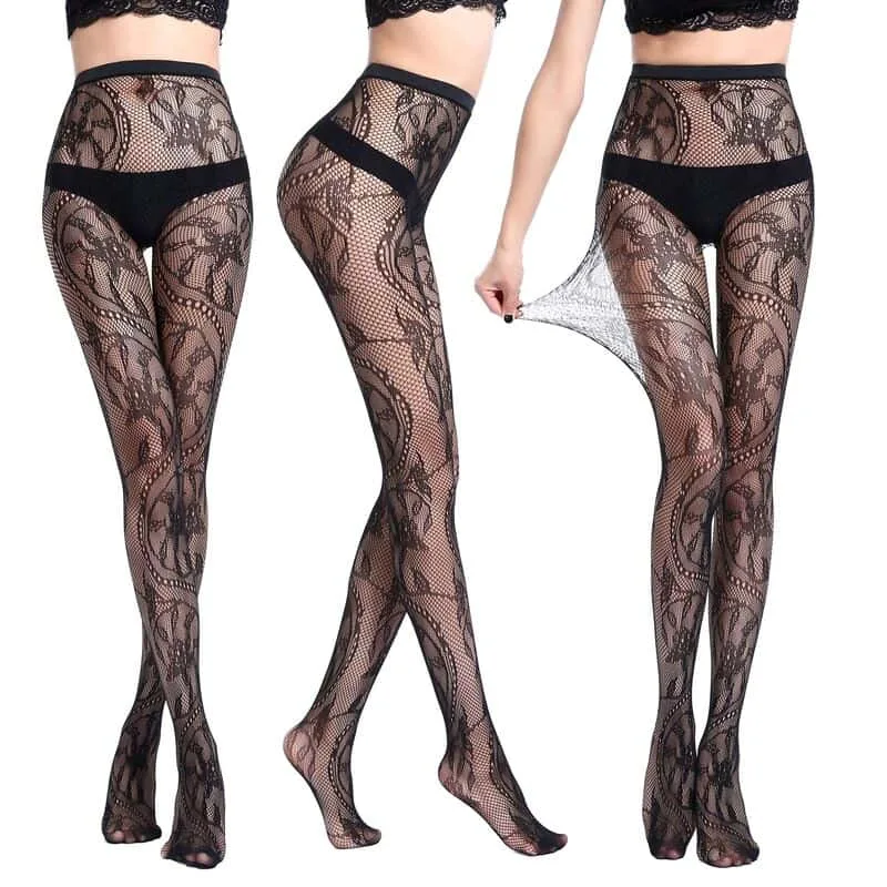 Meia-calça sexy arrastão jacquard transparente na cintura WK06