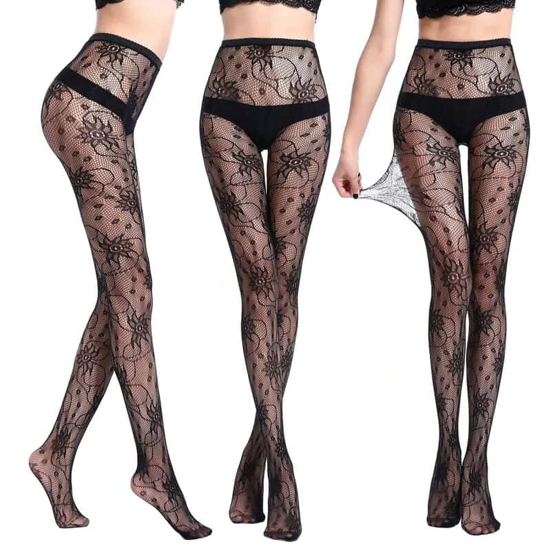 Meia-calça sexy arrastão jacquard transparente na cintura WK07