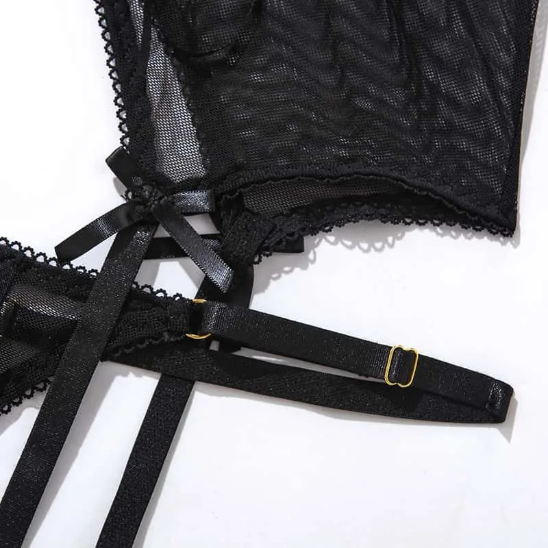 Details zum Korsettgürtel mit Strumpfbändern aus transparentem Mesh-Blumenmuster