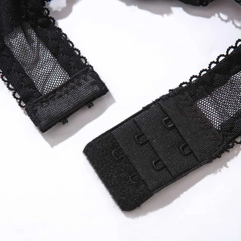 Korsett-Schrittknopf mit transparentem Mesh-Blumenmuster und Strumpfbändern