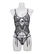 Vorderansicht des Korsetts mit Strumpfbändern aus transparentem Mesh-Blumenmuster