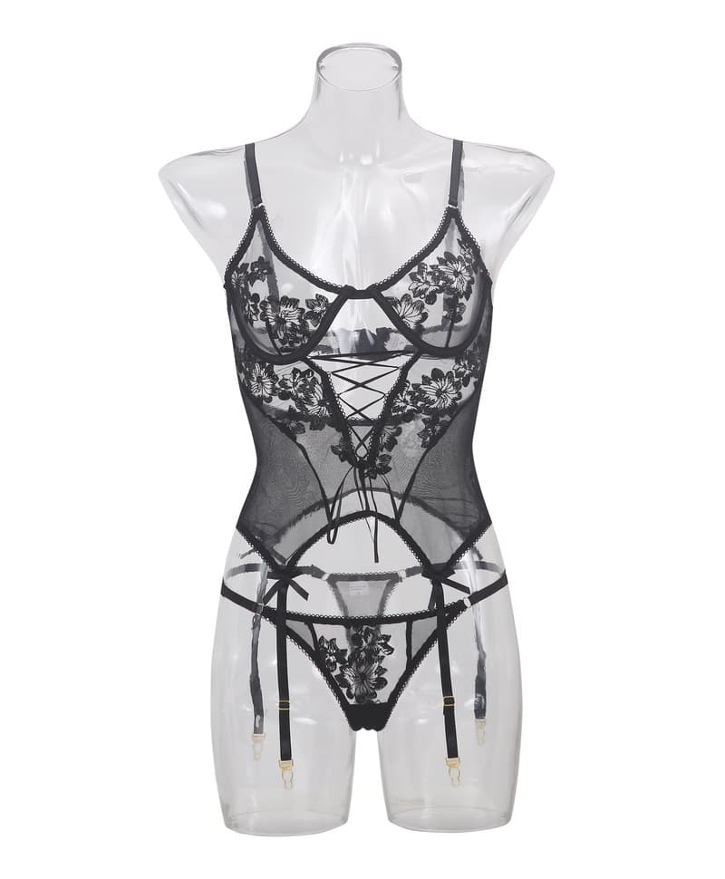 Transparent Mesh Floral Gartered Corset Front View Transparent Mesh Floral Gartered Corset Front View