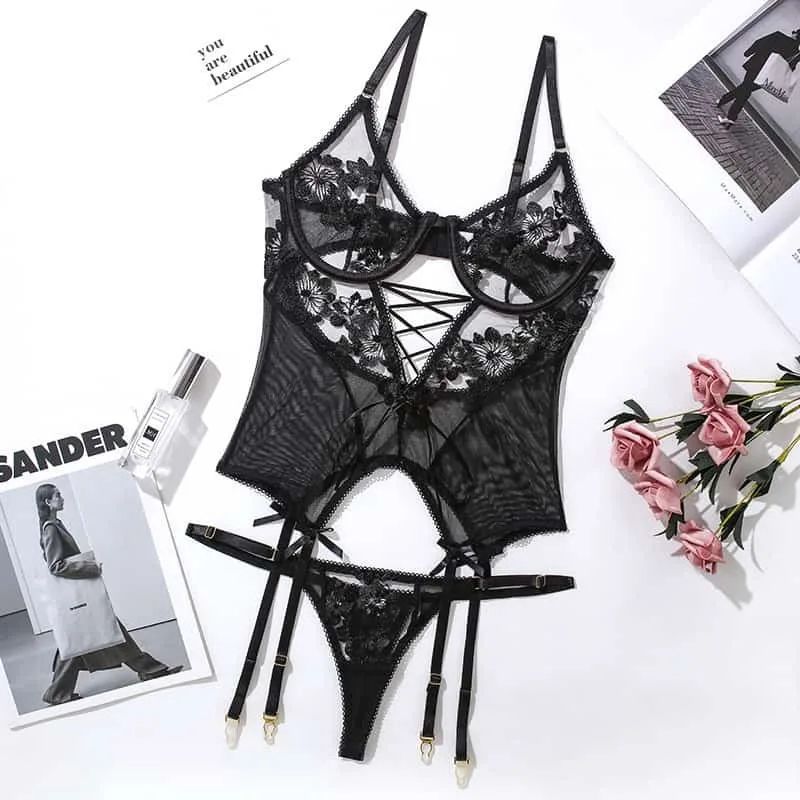 Transparentes Mesh-Korsett mit Blumenmuster und Strumpfbändern