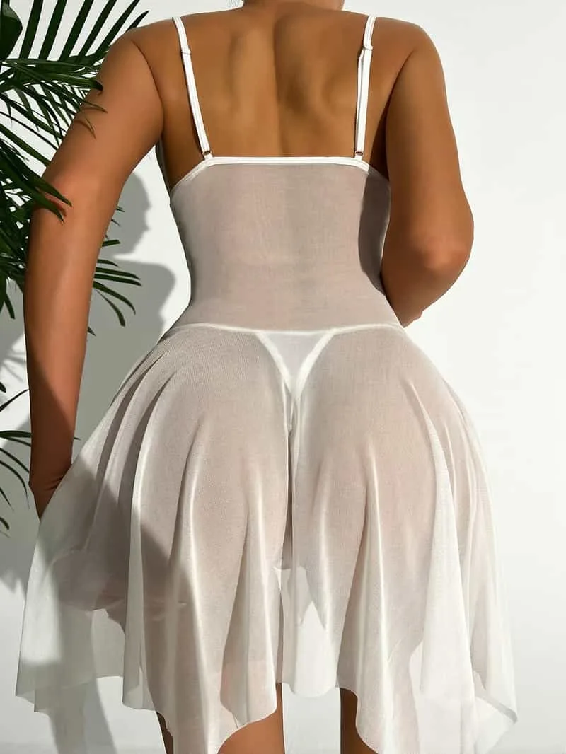 White Floral Lace Bow See Through Chemise Back Show On Model White Floral Lace Bow See Through Chemise Back Show On Model
