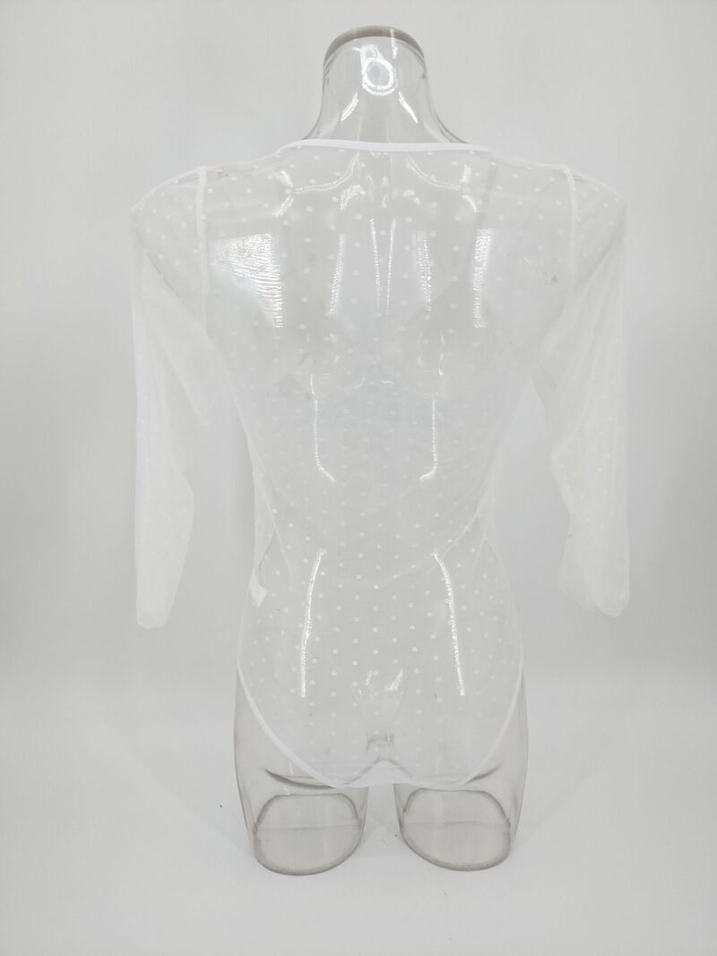 White Sexy Mesh See-through Long-sleeved Badysuit Back View Белый сексуальный сетчатый прозрачный комбинезон с длинными рукавами Badysuit, вид сзади