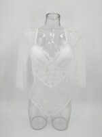Белый сексуальный сетчатый прозрачный костюм Badysuit с длинными рукавами, вид спереди Белый сексуальный сетчатый прозрачный костюм Badysuit с длинными рукавами, вид спереди