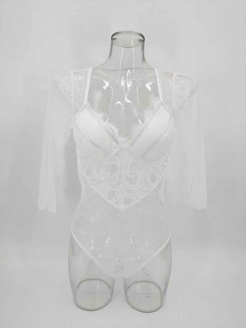 Badysuit de manga larga transparente de malla sexy blanca Vista frontal