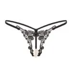 Présentoir micro-string noir à entrejambe ouvert avec perle brodée de luxe