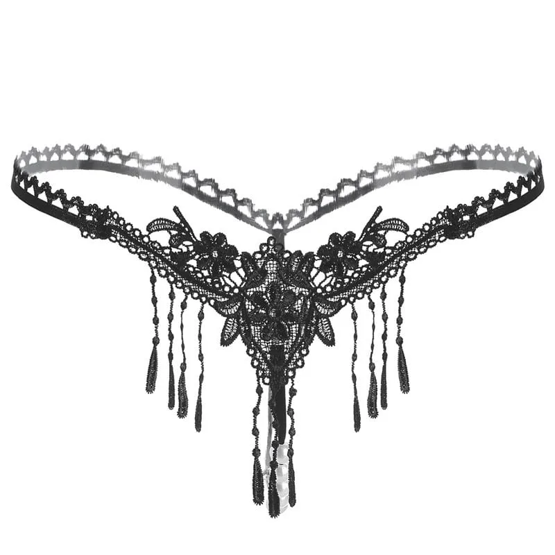 Black Sexy Tassel Embroidered Pearl Micro Thong Musta Sexy Tupsu Brodeerattu Pearl Micro Thong