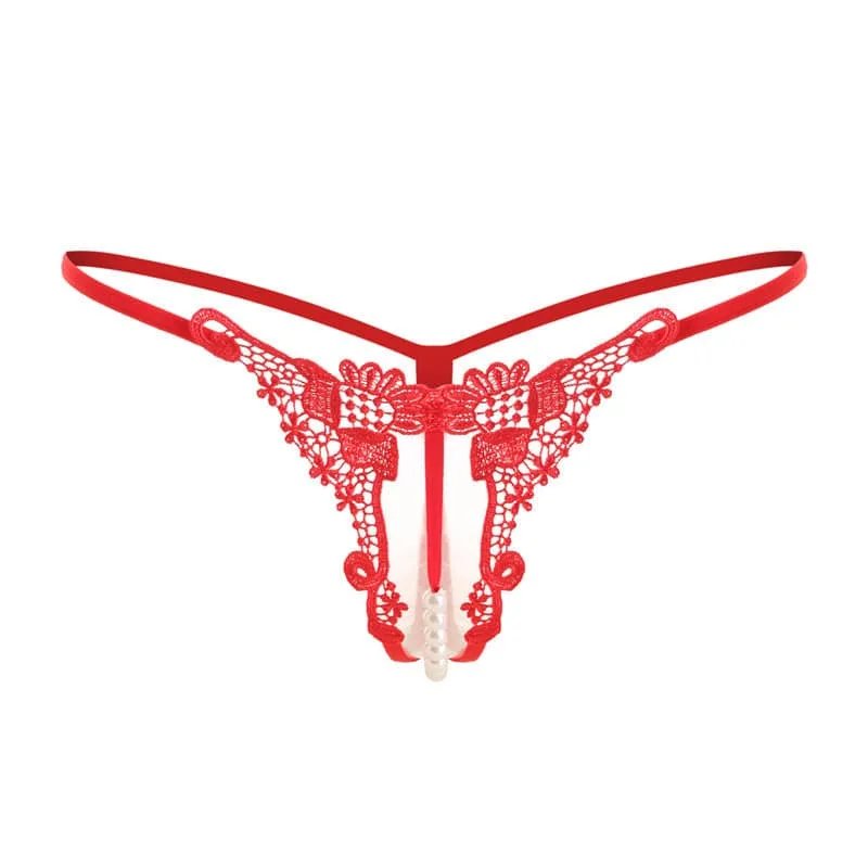 Micro string ouvert à l'entrejambe rouge avec perles brodées de luxe