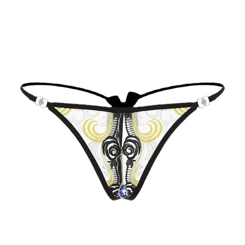 Yellow Pendant Open Crotch Embroidered Crotchless Panty Show Yellow Pendant Open Crotch Embroidered Crotchless Panty Show