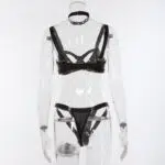 Schwarzes Leder-Motorrad-BH- und Höschen-Set Rückansicht