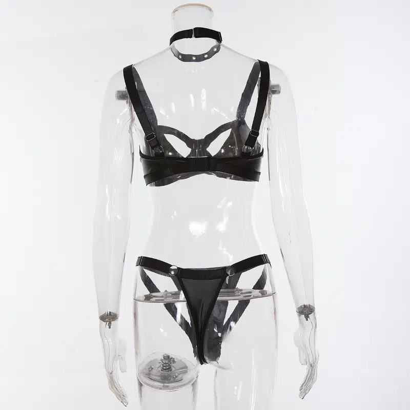 Schwarzes Leder-Motorrad-BH- und Höschen-Set Rückansicht