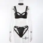 Schwarzes Leder Motorrad BH & Panty Set Vorderansicht