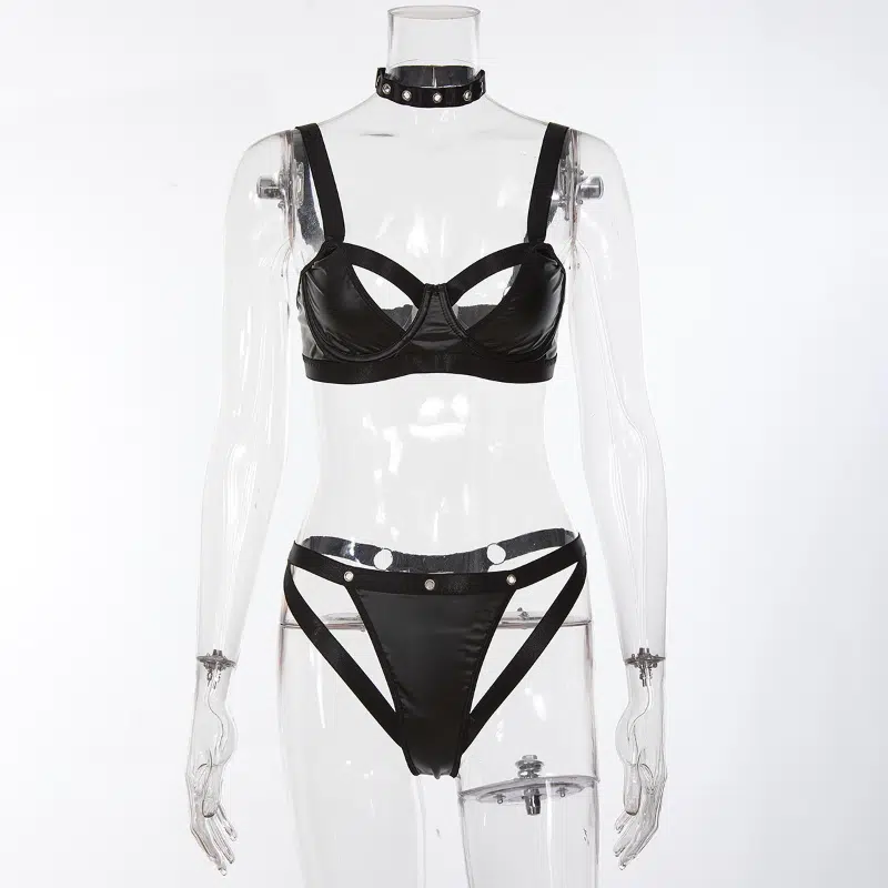 Schwarzes Leder Motorrad BH & Panty Set Vorderansicht