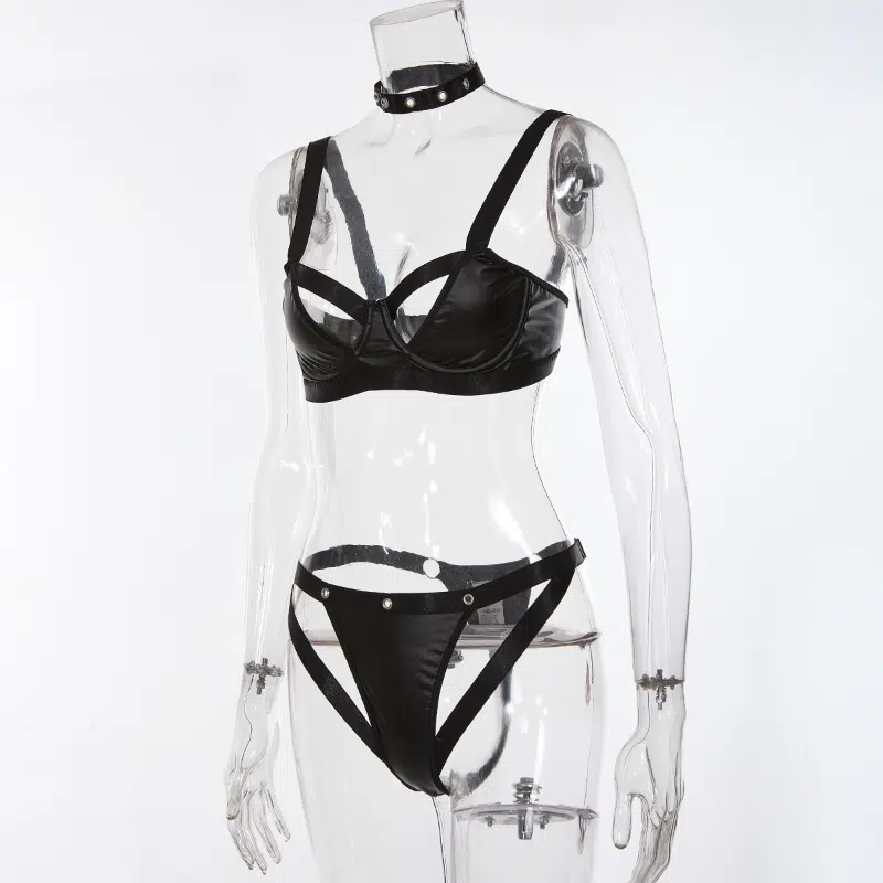 Schwarzes Leder Motorrad BH & Panty Set Seitenansicht