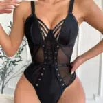 Black Mesh Perspective One-Piece Bra & Panty Set Displayed by model Black Mesh Perspective One-Piece Bra & Panty Set Displayed by model
