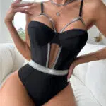 Black Sexy Jumpsuit Hollow Underwear-Front Show On Model